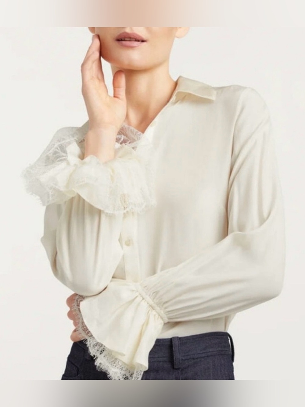 CINQ À SEPT Ivory Silk Roxie Top Button Up‎ Romantic Lace Victorian Polished